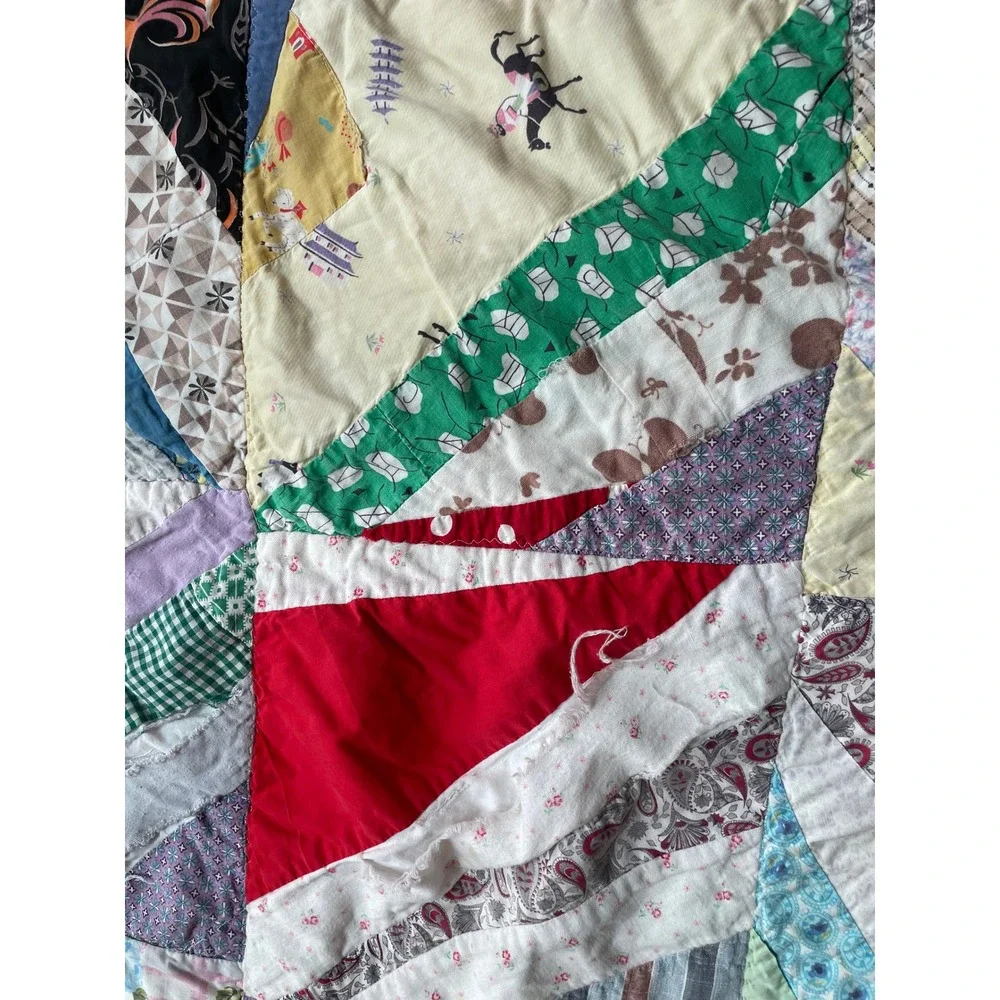 Vintage Handmade Crazy Quilt Multi-Color Patchwork Folk Art Cutter Quilt 74x66